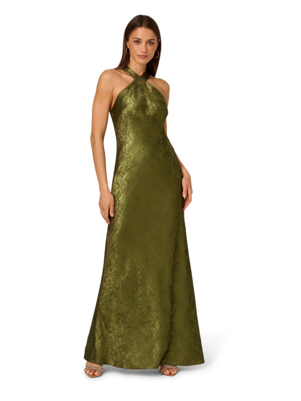 Adrianna Papell NWT Size 14 Dark Olive Metallic Halter Gown Formal GALA MOB